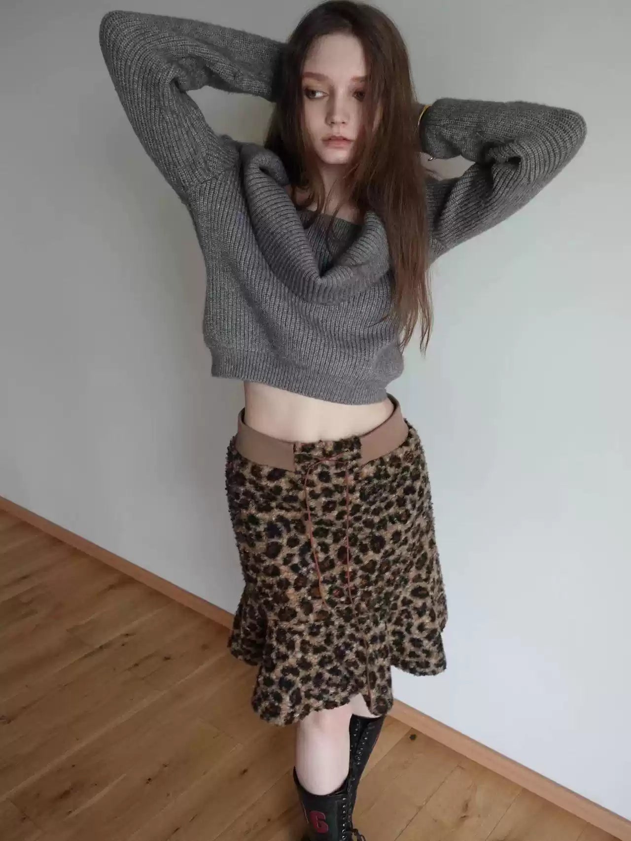 LEOPARD PRINT KNIT MIDI RUFFLE HEM SKIRT
