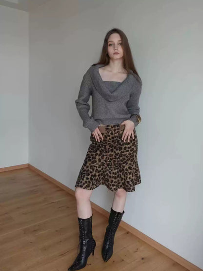 LEOPARD PRINT KNIT MIDI RUFFLE HEM SKIRT